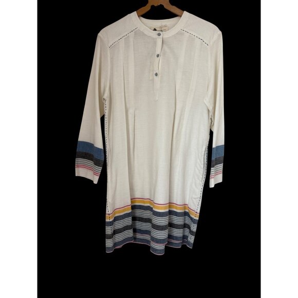 New KOPAL Anthropologie White Tunic Dress w/ Multicolor Stripes 3/4 Sleeves Sz S - Picture 1 of 10